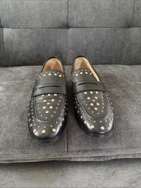 Vince Camuto Black Leather Studded Penny Loafers